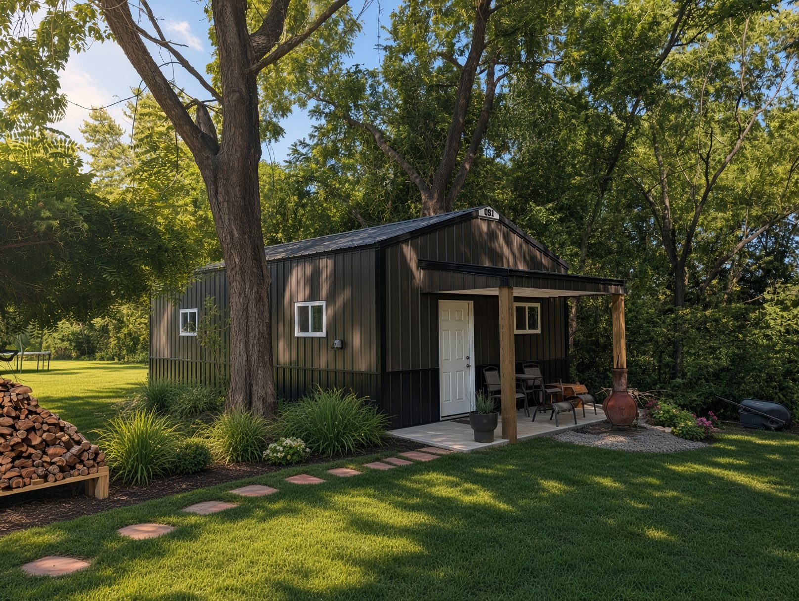 The Seneca Woodworks shop — a dark metal building tucked under tall trees, with a firewood stack and a small porch